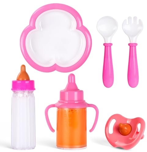 Aolso 6 Pcs Baby Doll Feeding Set, 2 Pcs Magic Baby Doll Milk Bottle and 1 Pcs Dummy, Spoons and Forks and 1 Dinner Plate, Baby Doll Feeding Accessories, Easy for Small Hands, Gift for Boy and Girl
