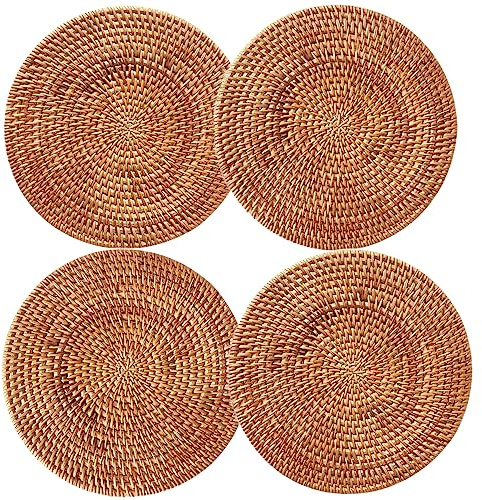 4 Piezas Posavasos de Ratán, Almohadilla Tejida de Ratán Hecha a Mano, Almohadilla Redonda de Ratán, Ratán Salvaje, para Ollas, Cuencos, Almohadillas Térmicas en La Mesa, Sabor Rural