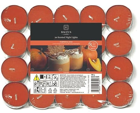 8 Hours Burning Tealights and Scented Candles Pack, with Long Lasting Burning Wax, Having Multiple Refreshing Scents, Making it a Beautiful Gift Pack and a Decorative Accessory (Pumpkin & Chai)