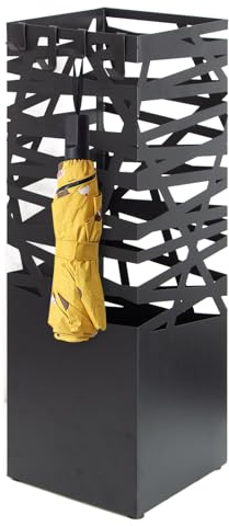 Todeco Regenschirmständer aus Metall mit Ausschnittmuster, quadratischer Schirmständer mit 4 Haken und Wasserauffangschale herausnehmbar, für Eingang, Haus, Büro, Schwarz, 15,5x15,5x49 cm