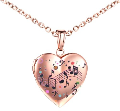 INFINIONLY Damen Mädchen Herz Medaillons Halskette Mode Edelstahl Ketten mit Buntes Musiknotenmuster Anhänger Personalisierte Foto Kette Souvenir Anhänger, Rosegold