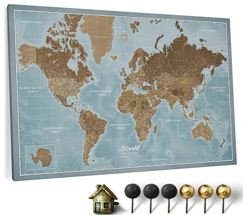 Hochwertige Canvas Weltkarte mit Kork-Pinnwand - Deutsche Beschriftung - Dekorative Wanddeko für alle Zimmer - Leinwandbilder mit Weltkarte Motiv (120x80 cm, Muster 2 Deutsch)