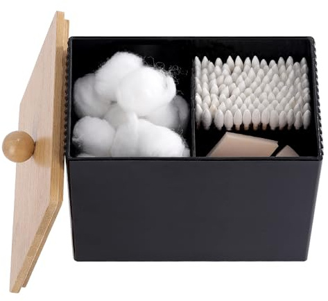 Ohlove Qtip Holder with Bamboo Lids, 3 Compartments Cotton Ball/Swabs Dispenser, Apothecary Jar Plastic Container for Storage and Organizer (Black)
