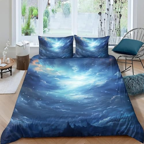 EXSANLIEAY Himmel Bettwäsche 200x200 - Blau Wendebettwäsche, Weiche & Atmungsaktiv Microfaser Bettbezug + 2 Kissenbezug 80x80, Angenehme bettwäsche-Sets, 3 Teiligmit Reißverschluss