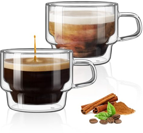 glastal Empilable Tasse à expresso 120 ml Tasse à Café Double Paroi Verre à Thé avec Poignée Lot de 2 Tasse en Verre pour Thé, Lait, Jus, Cadeaux Saint Valentin d'anniversaire pour Couples Parents