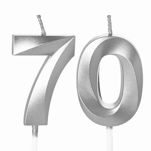 Silver 70th Birthday Candles Number 70 Candles for Birthday Cake, 70th Candles Silver 70 Birthday Candles for Cake, 70th Birthday Cake Candles Cake Toppers Decorations for 70 Year Old Women Men