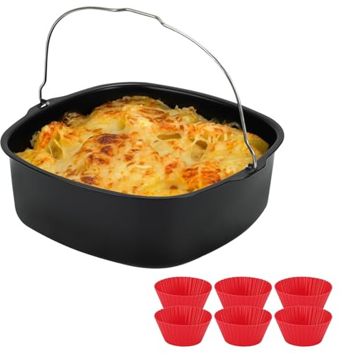 BSDLZCH 8inch Square Air Fryer Liners Reusable Air Fryer Accessories Stainless Steel Baking Tray Non Stick Cake Mold Cake Pan Bakeware Set with 6 Poached Egg Moulds/Muffin Cases