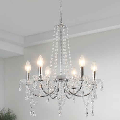WTUOING Lampadario Cristallo Cromato Vintage con Base E14-6 Luci Soffitto Regolabile Moderno, Sospensione Argento Cromato per Soggiorno, Sala da Pranzo, Camera, Corridoio, Cucina
