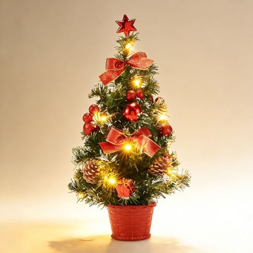 KUWUNG Kleiner Weihnachtsbaum Mit Beleuchtung, 40CM Mini Weihnachtsbaum mit LED Lichtern,Weihnachtskugeln und Ornamenten,Desktop Deko Künstlicher Weihnachtsbaum Klein mit LED Lichtern(Rot)