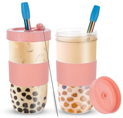 Esilihom Lot de 2 gobelets réutilisables en verre avec couvercles et pailles, large goulot étanche pour smoothie, boba et café glacé, 730 ml (rose)