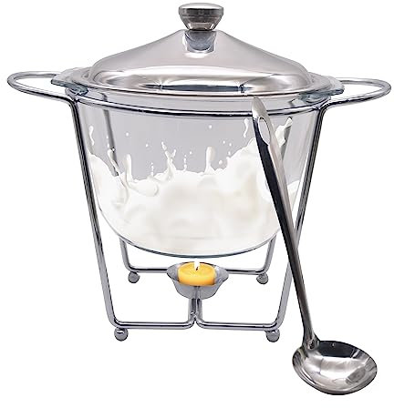 HIQIDI Glass Chafing Dish Buffet Set with Stainless Steel Lid and Ladle, 4.3 Quart Food Warming Tray for Soup Parties Dinners Catering, 1 Pack, Clear, Round, Dishwasher and Microwave Safe