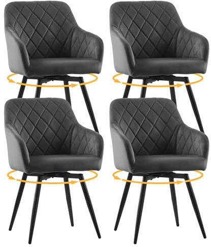 LEMROE 360° Swivel Dining Chairs Set of 4 Velvet Upholstered Kitchen Counter Accent Chair Ergonomic with Backrest Arms Metal Legs for Home Office Living Bedroom (4, Grey)