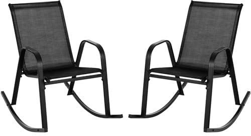 KOMFOTTEU 2-teiliges Schaukelstuhl, Relaxsessel aus Metall & Texteline, Relaxstuhl mit Armlehnen & rutschfesten Gummifüßen, Gartenschaukel bis 150 kg belastbar für Garten Pool Veranda (Schwarz)