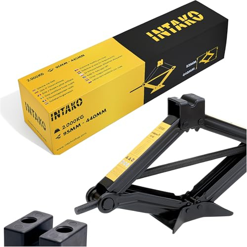INTAKO Scherenwagenheber 2T – Auto Wagenheber 2000 kg mit Gummiauflage, 95–440 mm Höhe, tragbar für PKW & SUV, Autoheber, Car Jack