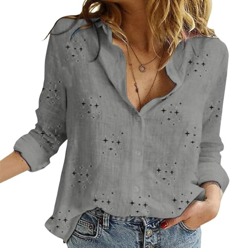 Camiseta de manga larga para mujer, tops para mujer, camisas de lino, manga larga informal con cuello en V, blusa con botones, camisa para mujer, oficina, trabajo, camisas sueltas, blusas, gris oscuro