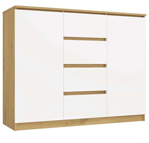 CDF Kommode Sideboard 120 cm breit Schubladenkommode Schmal Wohnzimmer Flur | 2 Türen 4 Schubladen - Kommode Schlafzimmer Arbeitszimmer Stauraummöbel Schubladenschrank Haus Büro Weiß / Eiche Artisan