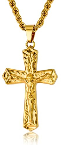 ALEXCRAFT Collana Uomo Crocifisso Collana Donna Croce Oro Gesu Cristo in Acciaio Inossidabile con Catenina a Zoppolo 3mm 50+5cm Catena Estensibile e Ciondolo Croce Gesù Gioielli Religiosi