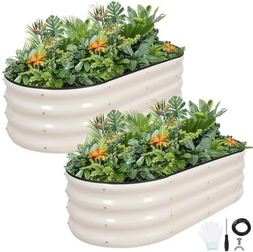 VIREO GARDEN Galvanized Raised Garden Bed Kit,120x60x30CM,White,2Pcs | Metal Raised Bed Planter Bed with Safety Edging and Gloves for Vegetables, Fruits, Flowers.