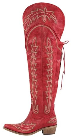 UJEDFHV Knähöga cowboystövlar för kvinnor lårhöga knästövlar över knäet röd cowboy sida dragkedja västerländsk broderi, Sh230901c, 40.5 EU