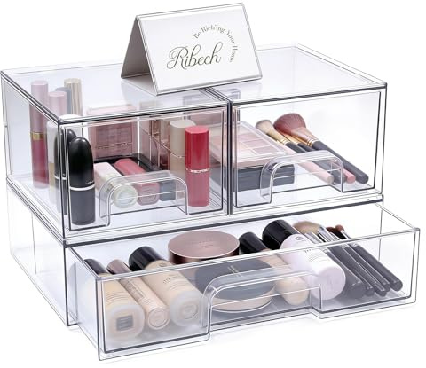 Ribech Juego de 4 Cajas con Cajón Apilables Transparentes – Organizadores de Acrílico Reforzado, con Asas y Patas de Silicona, para Cocina, Baño, Nevera, Estantería (3 piezas)