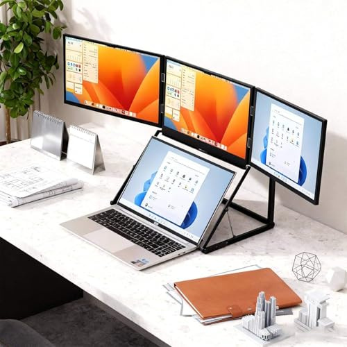 15.6 Laptop Screen Extender, Tri-Screen Monitor for Laptop, 100% sRGB, 1080P FHD IPS Display, HDMIs/USB-C Pulg n Play, Compatible with Mac/Windows/Linux, 360° Rotation Acjustable Viewing Angles