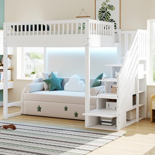 Hochbett 140 x 200,Hochbett mit Sicherheitsleiter, Sicherheitsgeländer, Bettrahmen aus massivem Kiefernholz, LED-Lichtleiste, austauschbaren Sicherheitsleitern auf beiden Seiten, Kinderbett, Weiß