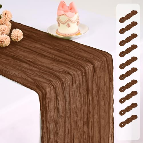 10-pack ostduk bordslöpare, brun bordslöpare lång romantisk halvren rustik boho gasväv bordslöpare för bröllop möhippa födelsedagsfest dekorationer (45 × 25 cm)