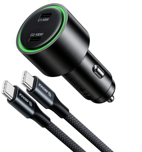 Cargador de coche de carga rápida de 145 W, adaptador de cargador de coche USB C dual con salida de 100 W + 45 W, encendedor de cigarrillos a cargador de coche USB C con cable trenzado de 6 pies