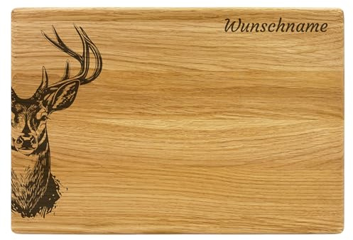 Frühstücksbrett Eiche Vesperbrett Holzbrett Camping Frühstück Geschenk Jausenbrett Brotzeitbrett 30 x 20 cm mit Motiv Tiere Hirsch Pferd Hahn Gams Fisch Schwein
