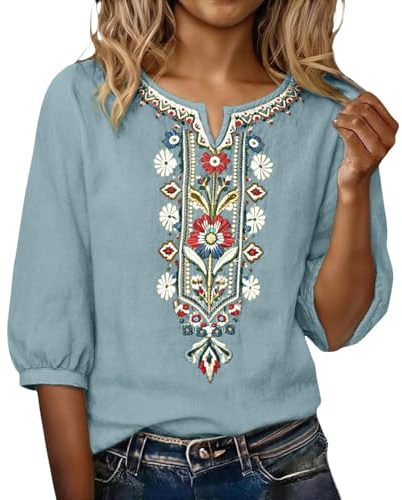 Camisa Mujer Elegante, Manga 3/4 Lino Camisas Algodón y Lino Blusa Primavera Cuello Blusas En V Casual T-Shirt Vintage Bordado Camiseta De Mujer Moda Casual Elegante Suelto Fiesta Tops, M-3XL
