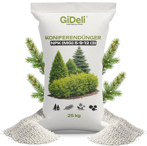 GiDeli Koniferendünger 25 kg, Thuja Dünger mit Magnesium | Koniferen Dünger für große Hecken, gegen Nadelvergilbung, Vorrat für die Saison, sattes Grün im Beet