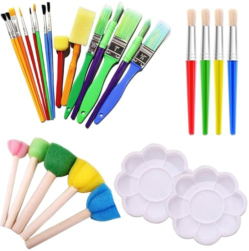 26Pcs Kids Paint Brushes, Colorful Paint Brush Set Kids in Various Sizes, Kids Paint Palette, Washable Toddler Paint Brushes for Watercolor Oil Rock Painting DIY Art