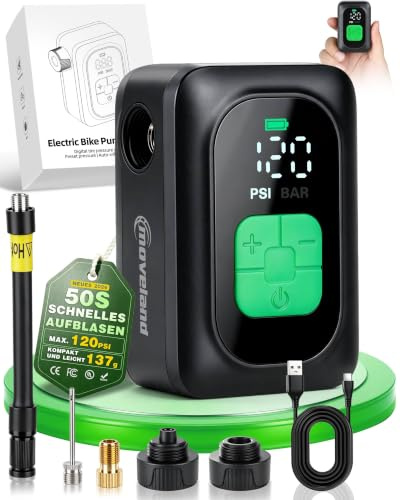 moveland Mini Fahrradpumpe Elektrisch, Schnellaufpumpen, Max. 120 PSI | Auto-Stopp Elektrische Luftpumpe Fahrrad mit Presta/Schrader Ventilen, Digitalem Manometer für E-Bike, MTB, Stadtrad, Rennrad