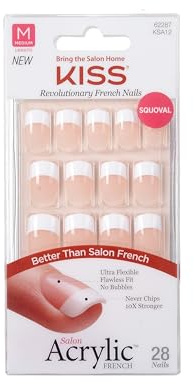 KISS Salon Acrylic French Collection, Rumour Mill, Medium Length Oval Fake Nails Includes 28 False Nails, Nail Glue, Nail File, and Manicure Stick