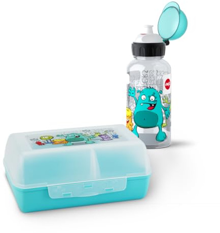 Emsa Kids, Set Regalo per Bambini con Clipbox e Borraccia 0.4L, Gift Set Monster, Borraccia 100% Ermetica e Contenitore Porta Merenda con Divisorio Rimovibile, Set 2 Pezzi 100% Sicuro