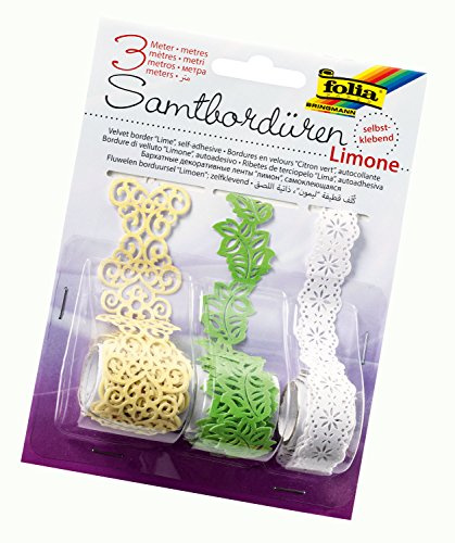 folia 12705 - Samtbordüren Limone, selbstklebend, 3 Rollen farbig Sortiert - ideal zum Verzieren von Wohnaccessoires, Bastelarbeiten und Karten
