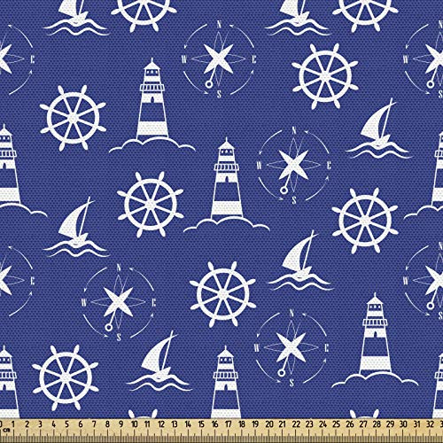 ABAKUHAUS Leuchtturm Gewebe als Meterware, Maritime Silhouetten, Schön Gewebten Stoff für Polster und Wohnaccessoires, 1M (148x100cm),Violettblau Weiß