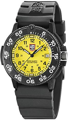 Luminox Navy Seal Uhr Herren Taucheruhr (XS.3005.F / 3000 Serie) Made in Schweiz, Schwarzes Uhrband und Carbon-Gehäuse, gelbes Ziffernblatt + 200 Meter wasserdichte