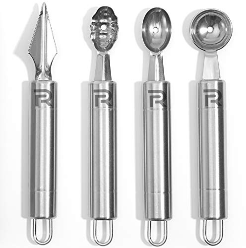 Riveira Melon Baller Scoop Set Stainless Steel 4-Piece Carving Knife Watermelon Cantaloupe Scooper for Cutting and Scooping Fruit Melons & Ice Cream