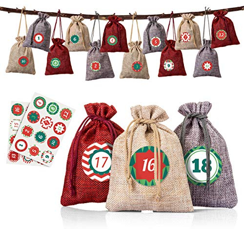 Naler 24 Stück 10 x 14 cm 3 Farben Beutel aus Leinen Hanf mit Kordel Schmuck Geschenk Hochzeit Aufkleber Adventskalender Taschen Weihnachtsdekoration