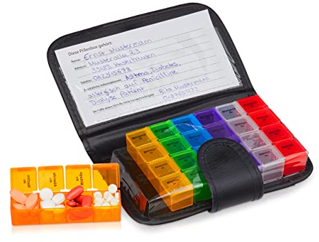 Relaxdays Tablettenbox mit Etui, 7 Tage, 4 Fächer, wöchentliche Pillendose für unterwegs & Reise, Tablettenetui, schwarz 1 Stück