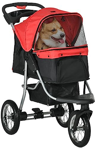 PawHut Hundewagen klappbar Hundebuggy für Hunde & Katzen bis 10 kg Katzenbuggy mit Netzfenstern Getränkbehalter Aufbewahrungskorb Katzenwagen Buggy Rot