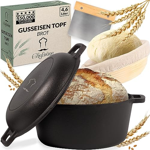 Chefarone Olla de hierro fundido de 26 cm con cesto de fermentación- apta para inducción - 2 en 1 con tapa - para hornear pan - olla con práctica doble función - olla para pan con tapa 4,6 l