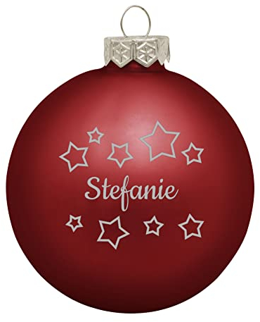 Deitert Weihnachtskugel mit Namen oder Wunschtext graviert, Ø 8cm, personalisierte Christbaumkugel aus Glas (matt), individueller Weihnachtsbaumschmuck mit Gravur, Sternen-Motiv, Rot