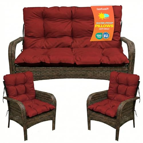 SuperKissen24. Coussin Dossier pour Banc de Jardin Canapé - 140x50 cm et Appui 140x60 cm + 2X 48x96 cm Coussin de Chaise Longue - Bain de Soleil - Intérieur/Extérieur - Imperméable - Bourgogne