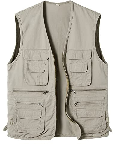 Yukirtiq Homme Gilet de Pêche Photographe Multi-poches Veste de Chasse Sans Manche Gilet de Plein Air Coton Gilet de Peche Voyage, Beige, 3XL