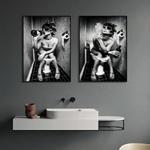 Zhadongli Art Moderne Wandkunst Retro Sexy Toilettenmädchen Leinwanddrucke Bilder Kunstposter für Schlafzimmer Wohnzimmer Zuhause Wanddekoration 60x80cm(24x31in) x2 Rahmenlos