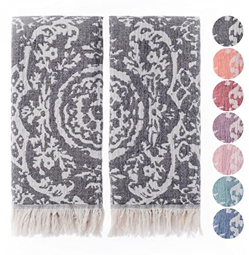 Fe&Ze Toallas de mano turcas de lino, 100% algodón, juego decorativo de 2, colección Coco, 22 x 36 pulgadas, toalla gris antracita