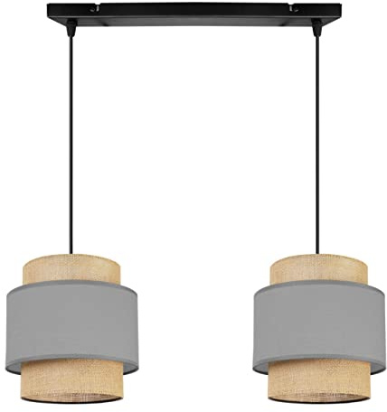 Light-Home Boho Hängelampe - Deckenlampe für Wohnzimmer Schlafzimmer und Esszimmer - Pendelleuchte aus Metall mit Lampenschirm aus Stoff - E27-2-Flammig - Grau und Jute