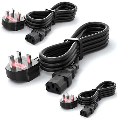 CYD 10ft (3m) 3 Prong Computer Power Cord, 18AWG, BS 1363 to IEC C13, 10A 250V, Black Replacement AC Power Cable,UK Power Cord for PC, Projector, Monitor, Printers, Amplifiers, Electronics, 3 Pack